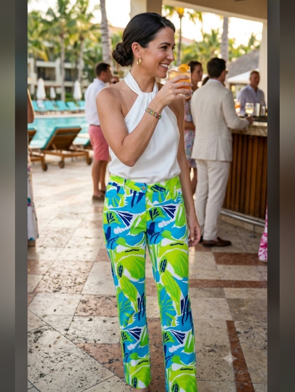 Gretchen Scott Large Colorful Palm Leaf Print Pants Lime Green Blue Stretch Vaca